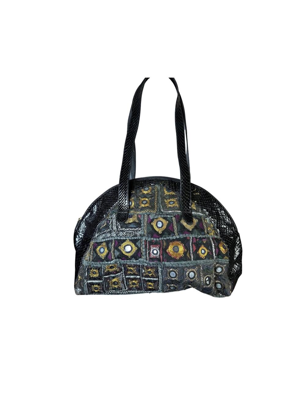 1990'S Vintage Italian Black Leather & Multicolored  Fabric Bag by Braccialini